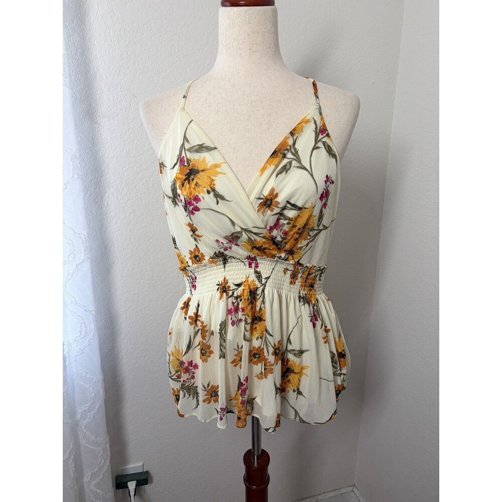 Express Women's Size L Floral Smocked Babydoll Cami Tank Cream Boho Romantic